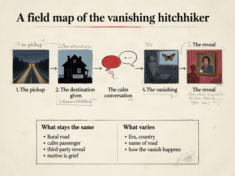 Infographic flowchart laying out the five recurring beats of the vanishing hitchhiker story — pickup, destination, conversation, vanishing, reveal — with a side panel comparing what stays the same across tellings versus what varies.