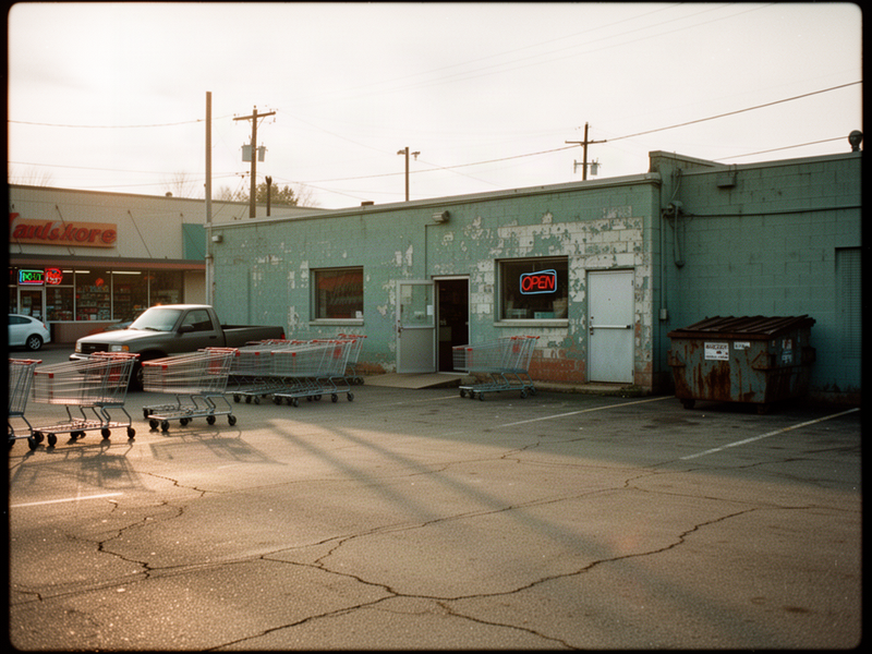 An empty small-town parking lot behind a hardware store in the late afternoon sun.