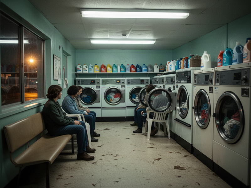 A quiet laundromat at night with customers sitting and watching their machines spin under flat fluorescent light.
