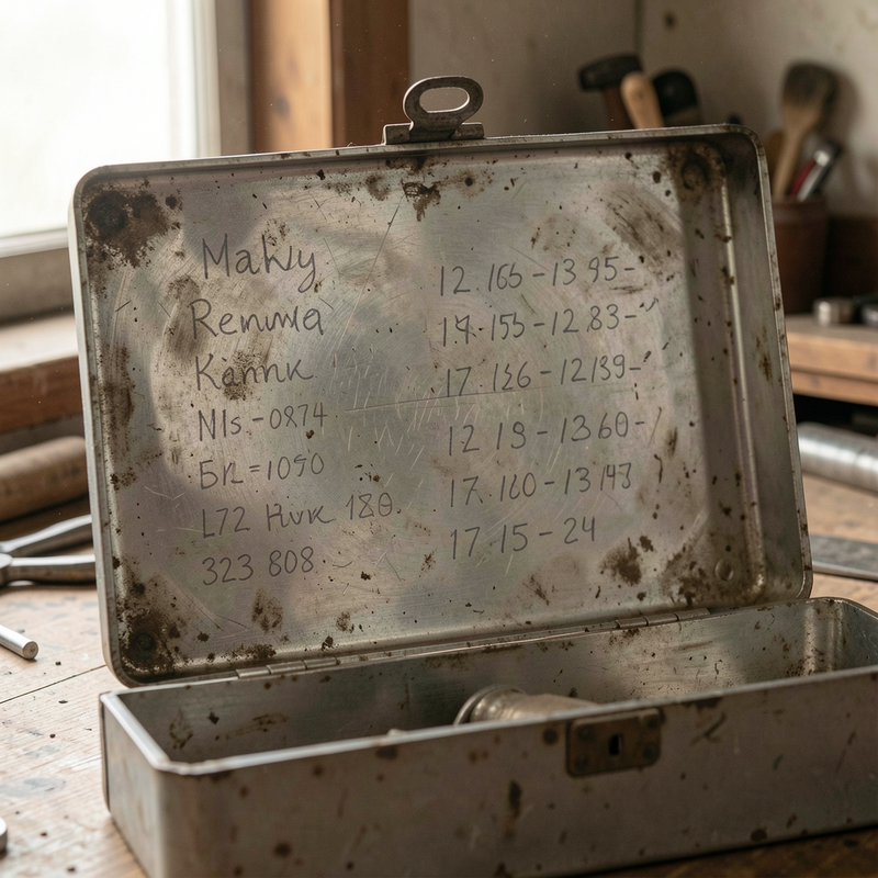 The inside lid of a scuffed steel toolbox, covered in faded pencil marks: names, dates going back decades, and small measurements, lit by warm workshop light.