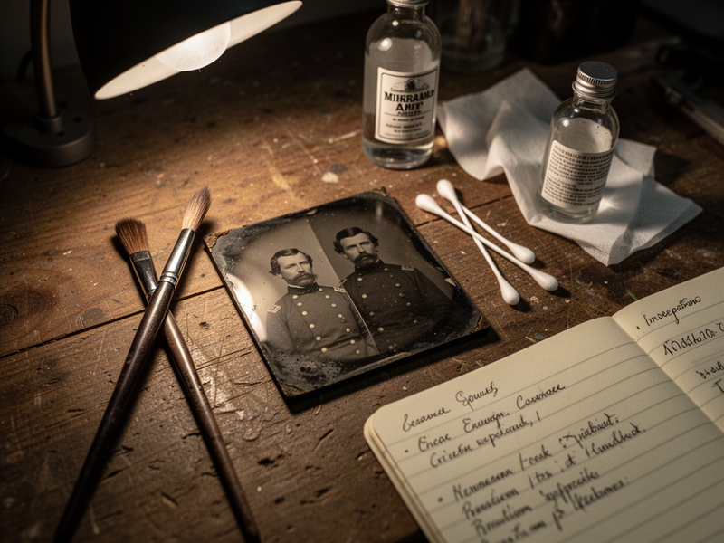 A tintype plate mid-restoration on a wooden workbench, half-cleaned under a raking lamp, surrounded by brushes, swabs, and mineral spirits.