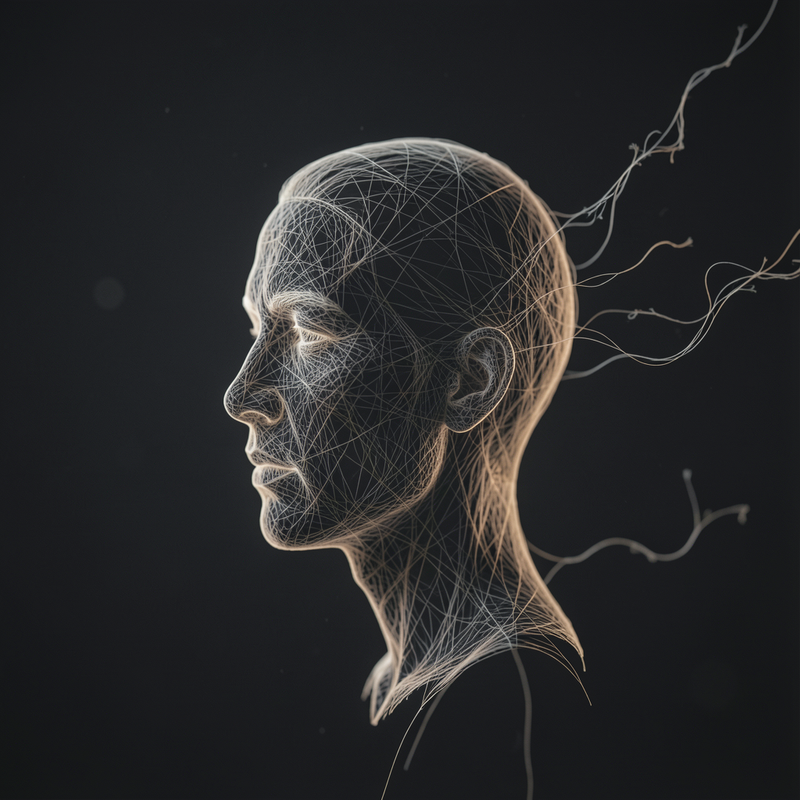 A soft, minimalist conceptual image of a human silhouette made of floating, interconnected light filaments, with a few strands drifting away, representing the fragility of memory and cognitive patterns.