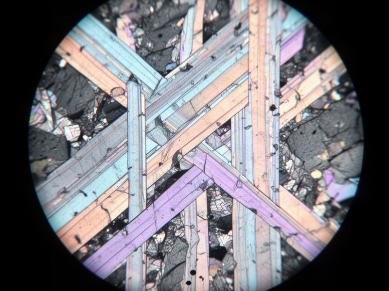 Extreme close-up of a meteorite thin section under polarized light, showing the interlocking crystal plates of the Widmanstätten pattern in soft iridescent blues, peaches, and violets.