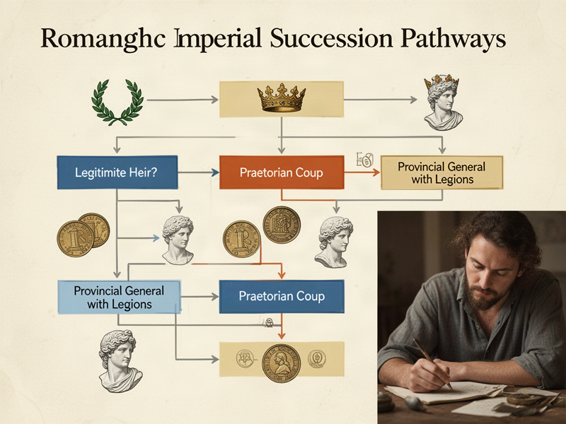 a clean infographic flowchart breaking down ancient roman imperial succession pathways with branching arrows and sleek icons