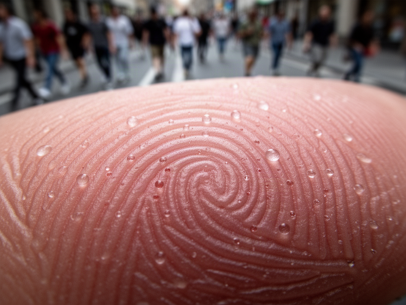 Close-up of a human fingerprint showing intricate ridge patterns and sweat pores.