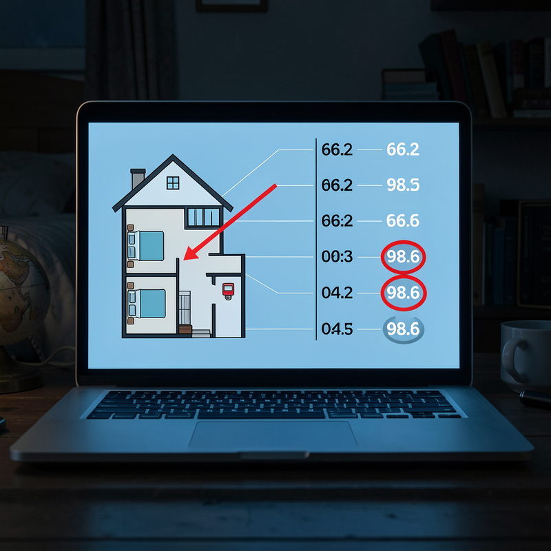 A glowing laptop screen in a dark room showing an investigative diagram: a simple house floor plan with a hallway, bedroom, and thermostat marked, arrows tracing a path from hallway to bedroom, connected to a vertical timeline of seven rising temperature readings ending at 98.6 circled in red.