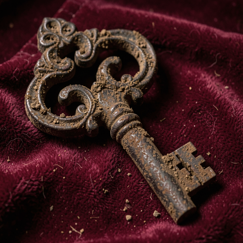 A rusted, heavy iron key with an ornate bow, resting on a piece of velvet.
