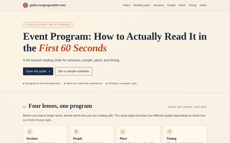 Screenshot of guide.eventprogram60.events/60-second-reading-order.html