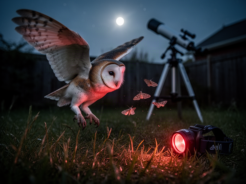A barn owl gliding low over grass at night, hunting moths drawn to the red glow of an astronomer's headlamp beside a telescope.