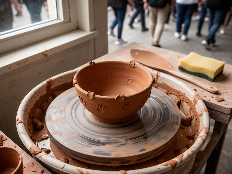 A close-up of a wet clay bowl on a potter's wheel showing visible thumbprints and finger marks in the surface, with workshop tools nearby.