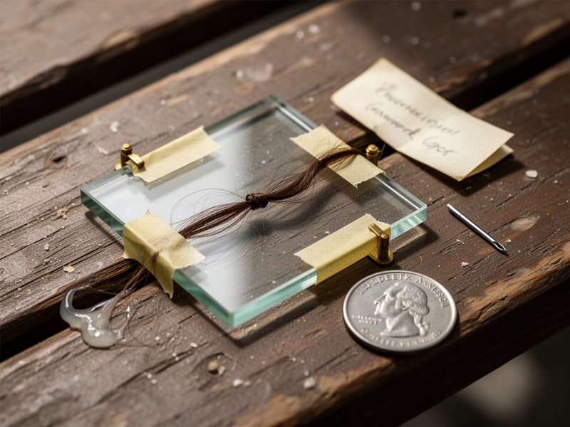 A close-up archival photo of a glass microscope slide with a single taped human hair, beside a quarter for scale, on a scratched wooden bench.