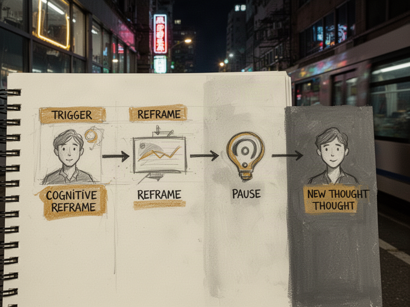 Diagram showing four stages of a cognitive reframe: trigger, reframe heard, quiet pause, new thought and relaxation.