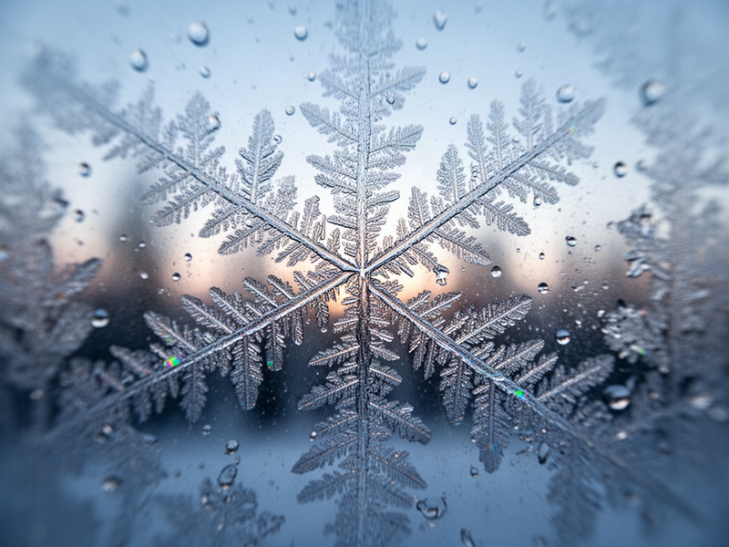 Extreme macro view of frost crystals on a window, revealing a fernlike dendritic structure with a central spine and sixty-degree branches that taper into finer threads, illuminated from behind by soft morning light.