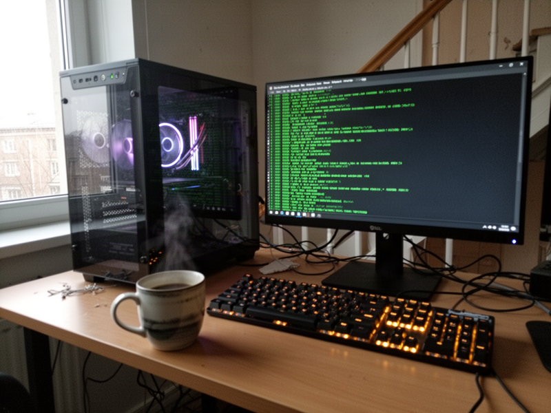 early morning phone photo of a cluttered home desk with a pc tower glowing faintly, monitor showing a terminal log, mechanical keyboard, and a cold coffee mug in natural daylight