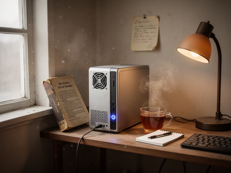 A morning-lit home shelf with a small mini-PC tower, a half-finished cup of tea, a notepad, and a paperback book, softly backlit by a window.