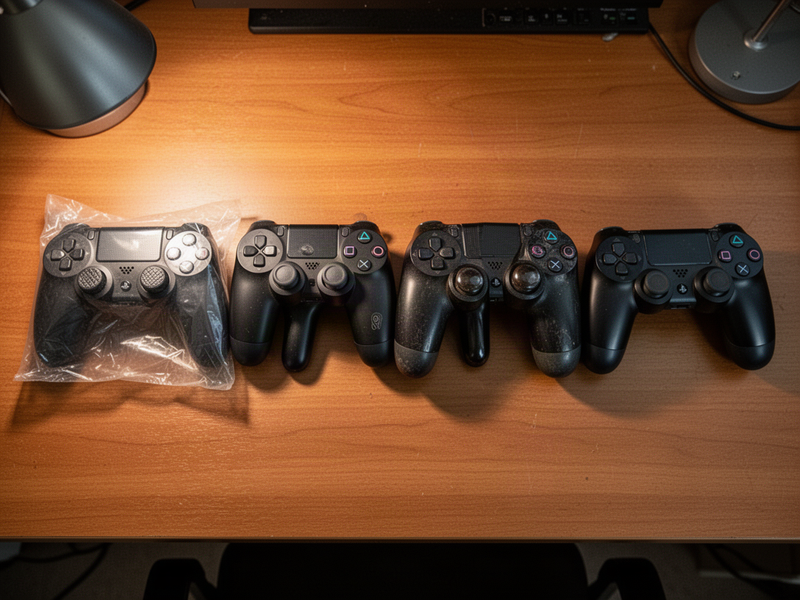 A top-down photo of six identical controllers laid out in a row on a wooden desk, each one showing a progressively more worn stage from brand-new on the left to well-loved on the right, with thumbsticks and grips showing increasing shine and softening.