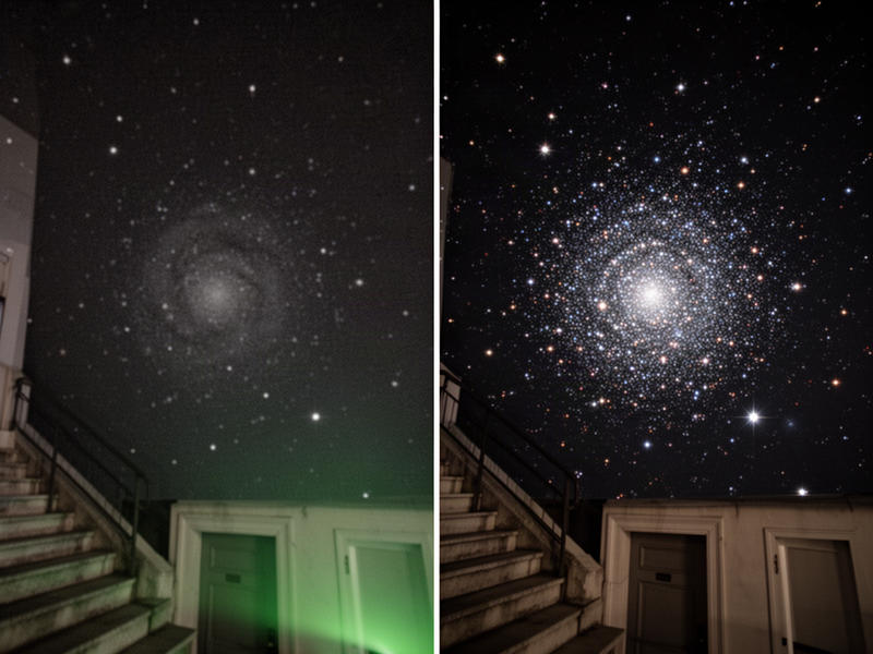 Side-by-side split of globular cluster M13. Left: single raw frame, near-black and grainy with only a faint fuzzy smudge and a greenish glow in one corner. Right: same framing after stacking and processing, a dense glittering ball of hundreds of stars on deep black sky.
