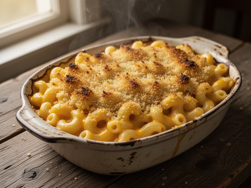 Homemade baked mac and cheese with golden breadcrumb topping