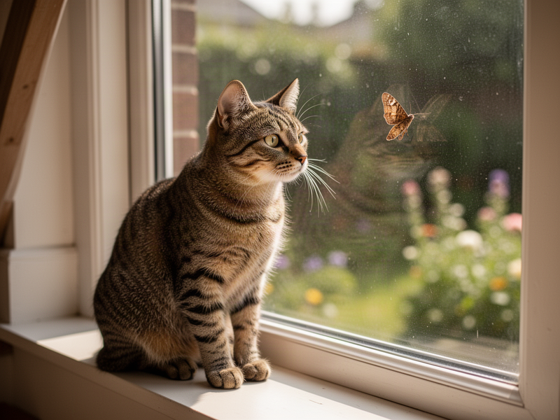 A tabby cat on a windowsill intently watching a moth through the glass, captured in natural morning light