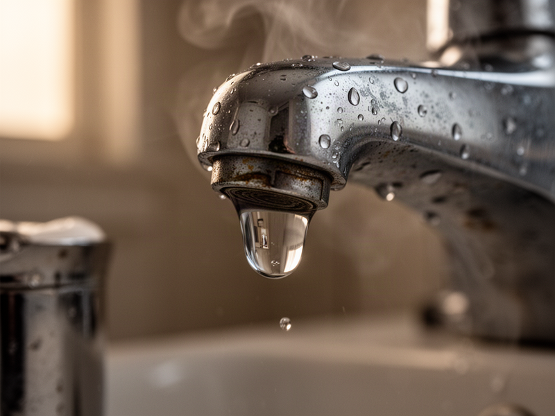 a single bulging water droplet clinging to the tip of a chrome faucet, captured in extreme close-up so you can see its rounded surface and the faint reflection inside it.
