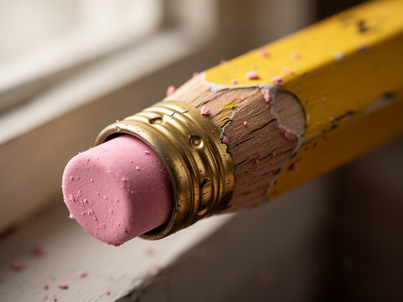 Extreme close-up of a pencil eraser worn down to a nub, slipped slightly out of its brass ferrule, the surrounding yellow paint worn to bare wood by a child's thumb.