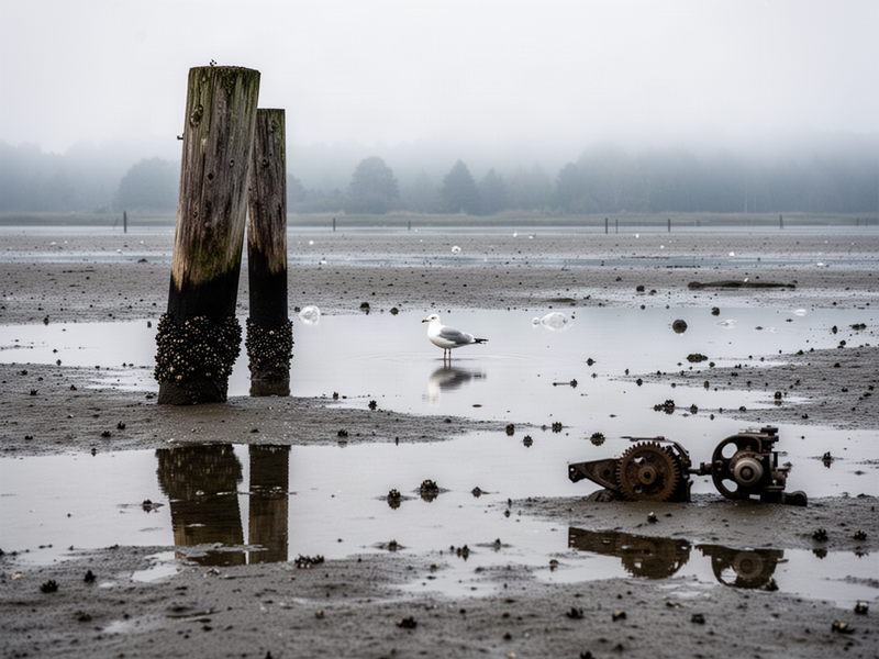 A low-tide mudflat at pale morning light: shallow mirror-like water over dark sediment, a band of barnacle-encrusted rock along the edge, scattered tidal pools, and a gull standing mid-frame with its reflection visible.