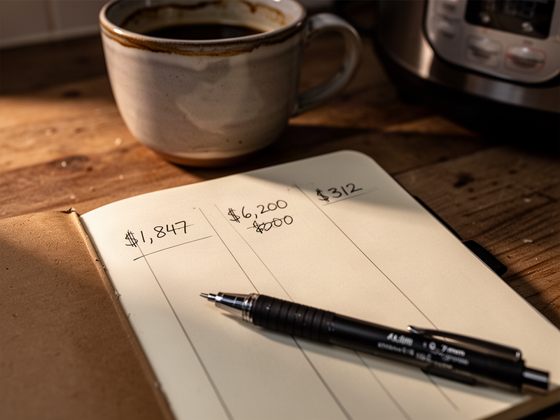 Close-up of a softcover notebook on a wooden counter, hand-ruled into three columns with dollar amounts, a pen resting across the page, warm evening light.