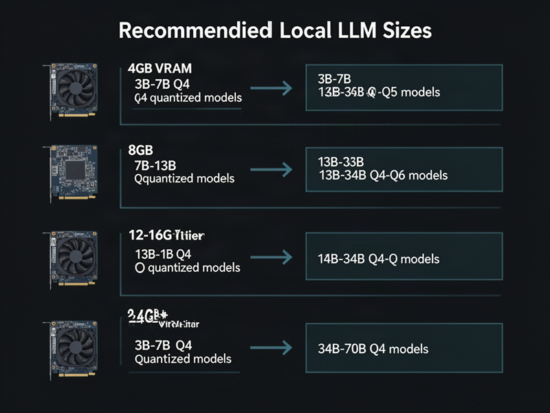 Infographic flowchart showing four VRAM tiers (4GB, 8GB, 12-16GB, 24GB+) mapped to recommended local LLM model sizes and quantization levels for each tier.