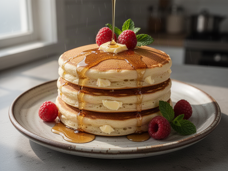 A tall stack of three fluffy golden pancakes with melting butter dripping down the sides and glossy maple syrup cascading over the top, garnished with raspberries and mint