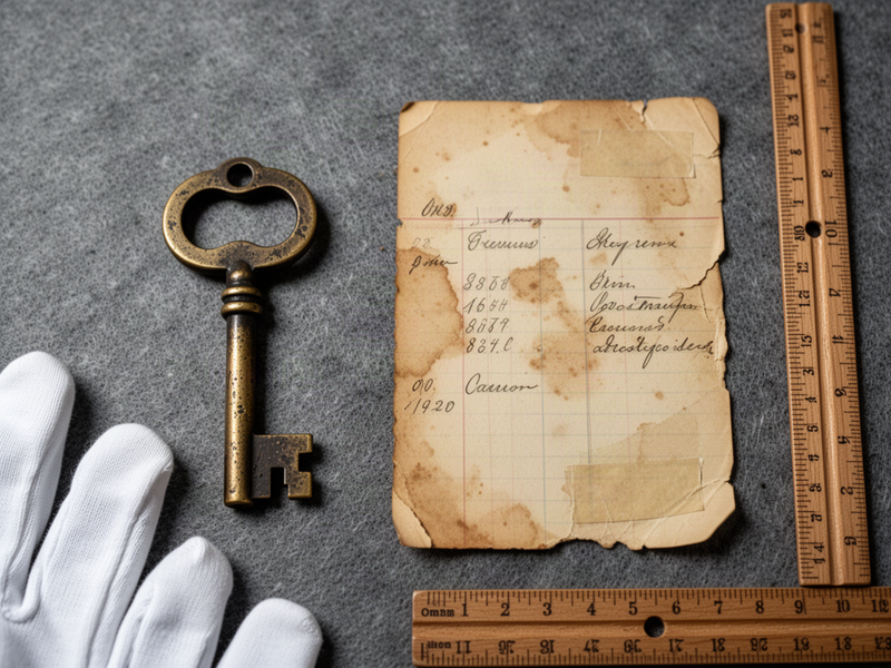top-down archival flat lay on gray felt: heavily worn brass key with black patina and a bent bow, beside a yellowed 1923 ledger page with foxing, water stains, and a torn tape residue stain; folding ruler and white cotton gloves at the edge for scale and handling