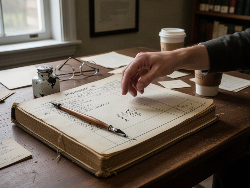 An open early-1900s township ledger on an archive reading table, with a dip pen resting in the margin and a hand captured mid-pause, just lifting off the page in soft afternoon window light.