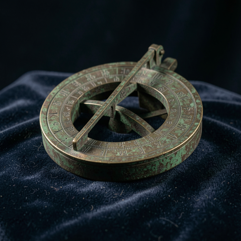 A heavy, oxidized brass astrolabe from the 17th century, resting on a piece of dark velvet. The metal is pitted and worn, showing a deep green patina in the crevices of its intricate celestial engravings.