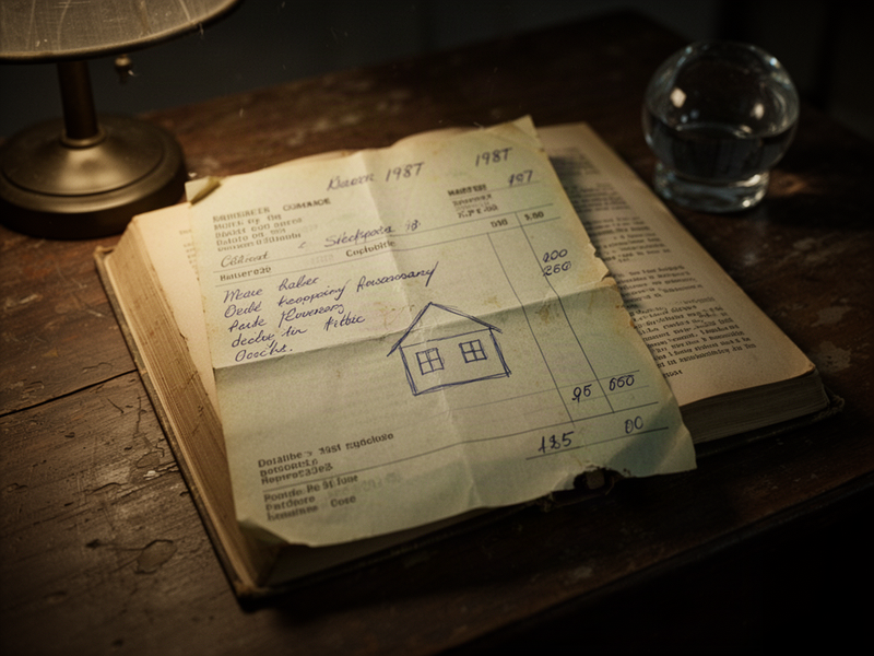 A faded paper receipt from 1987 laid on a wooden desk, with blue handwritten note and a small drawing of a house, next to an old paperback book under dim lamplight.