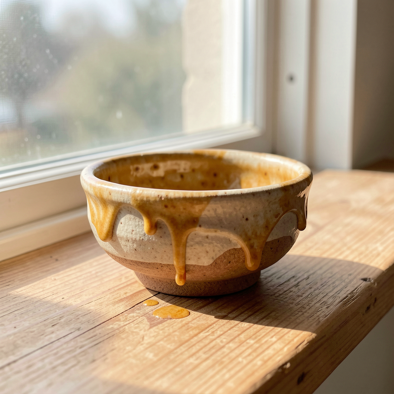A small hand-pinched stoneware bowl with uneven walls, visible thumb dents around the rim, and a honey-amber glaze that pooled thin in places, sitting on a sunny windowsill