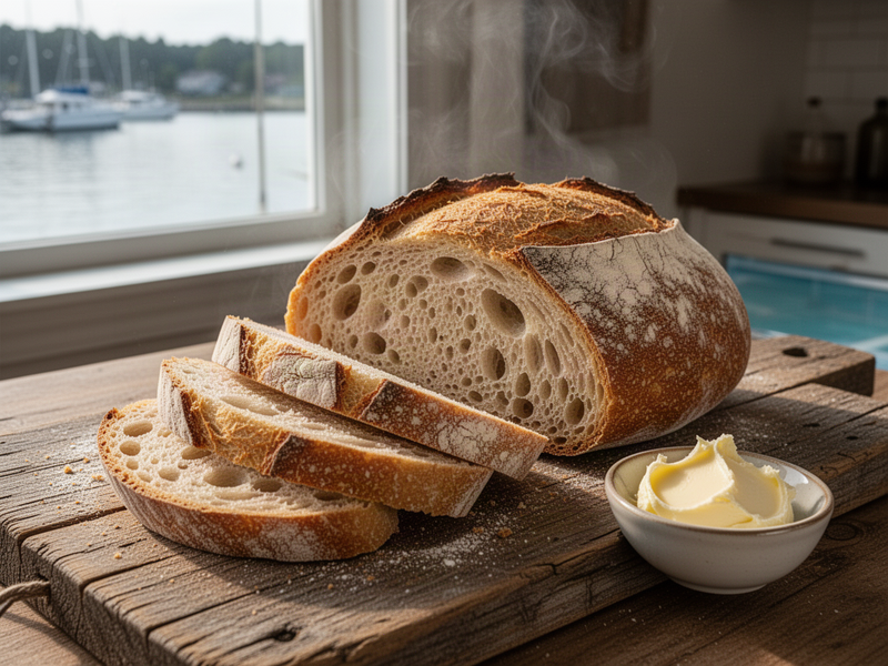 freshly sliced sourdough bread on wooden board