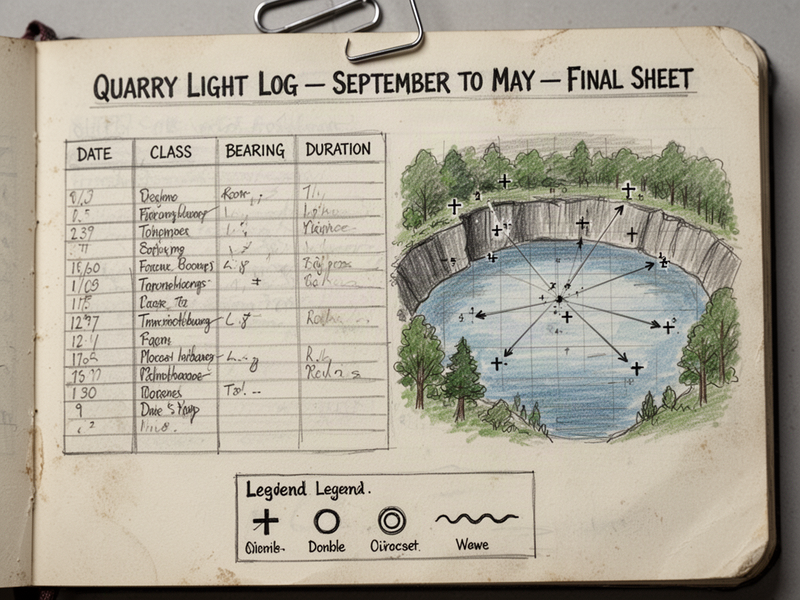 A notebook page photographed from above, showing a hand-ruled chart of nine months of quarry light sightings with columns for date, class, bearing, and duration, a plotted grid map of the quarry on the right, and a legend of small symbols at the bottom.