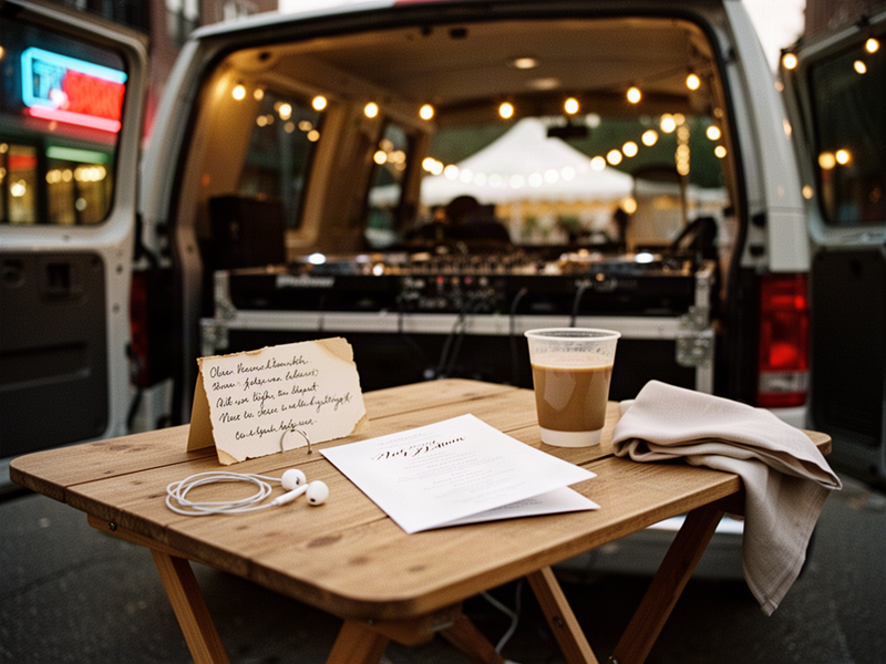 Quiet still life inside the back of a minivan DJ booth at dusk: a wooden table holds a handwritten index card, a coiled earbud, a bent-corner wedding program, a paper cup of cold coffee, and a folded napkin. Warm cafe lights and an empty tent glow through the open van doors.