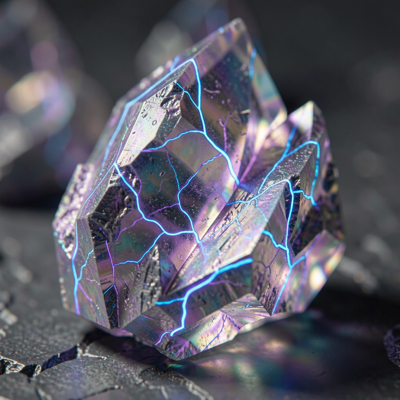 A hyper-detailed close-up of a futuristic, iridescent crystalline structure with glowing neon veins.