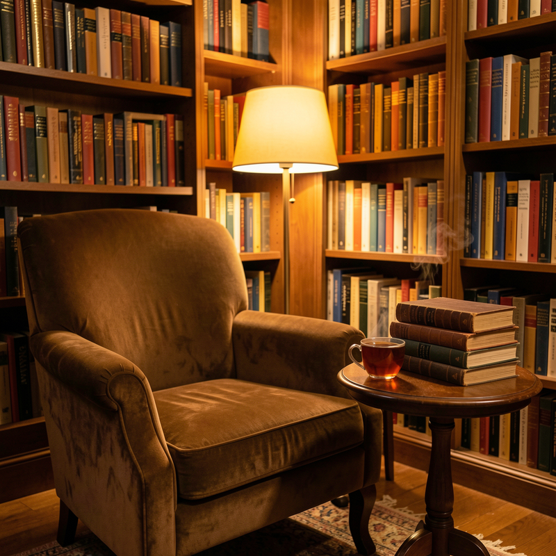 A cozy reading nook with a large armchair, stacks of books, and a warm lamp.