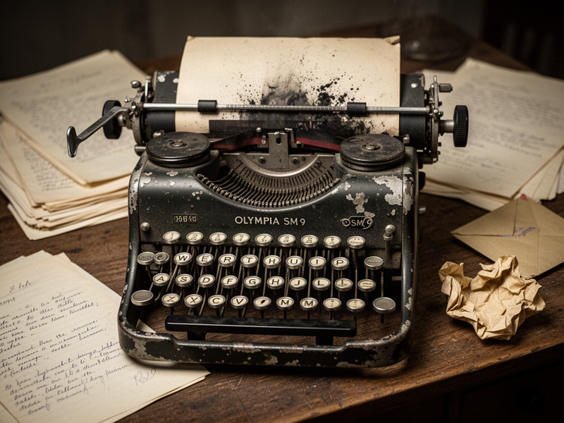Dramatic close-up of a weathered 1960s Olympia SM9 typewriter on a wooden desk, showing deep patina, ink stains, and worn keys.