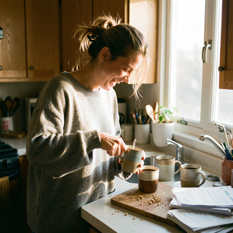 A candid kitchen scene: a woman with her hair in a loose clip stands at the counter in an oversized sweater, unposed, mid-laugh while stirring coffee, morning light falling across a cluttered counter of mugs and a stack of unread mail.