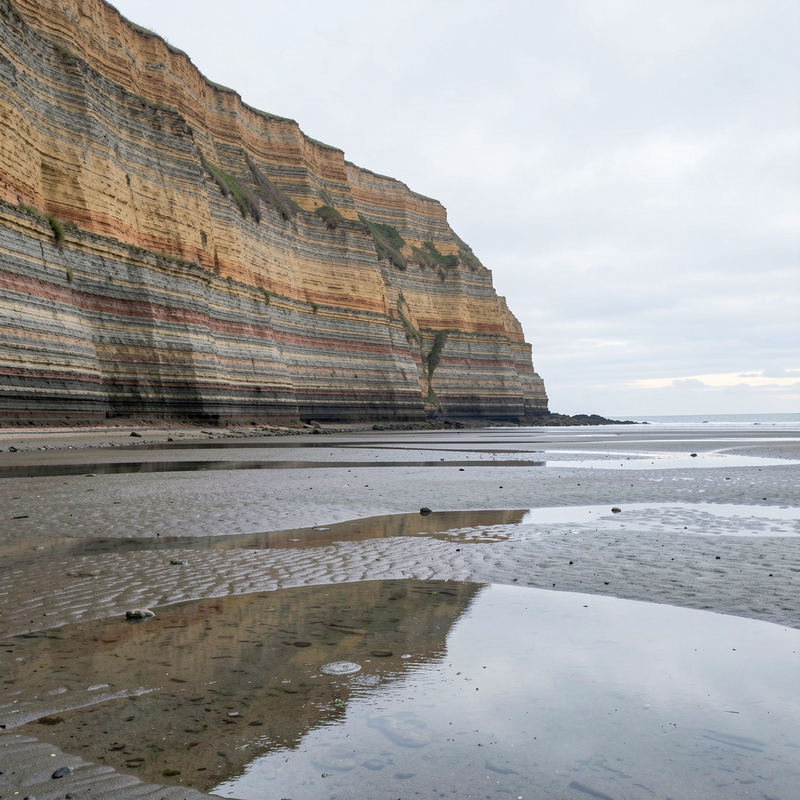 A wide observational view of a stratified sea cliff at low tide: horizontal bands of layered rock rise above a wet tidal flat scattered with tide pools reflecting a pale morning sky.