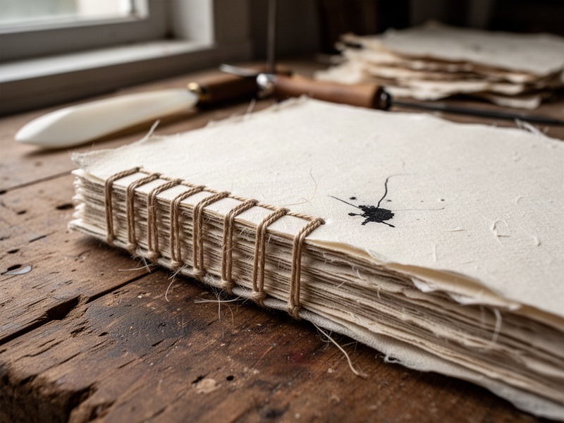 Close-up of a hand-bound journal showing linen thread stitching along the spine, deckle-edge paper fibers, and a bone folder resting on a wooden workbench.