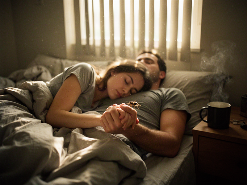 Morning light through blinds illuminates a woman sleeping with her head on a man's chest, her hand resting gently on his wrist