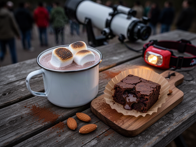 A close-up of a warm mug of hot cocoa with toasted marshmallows beside a fudgy brownie, set on a wooden observing table next to a telescope, lit by a warm low light.