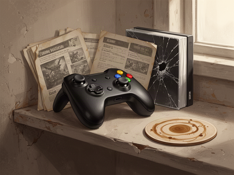 A painterly still life of a worn game controller beside a faded manual and cracked game case on a sunlit shelf.
