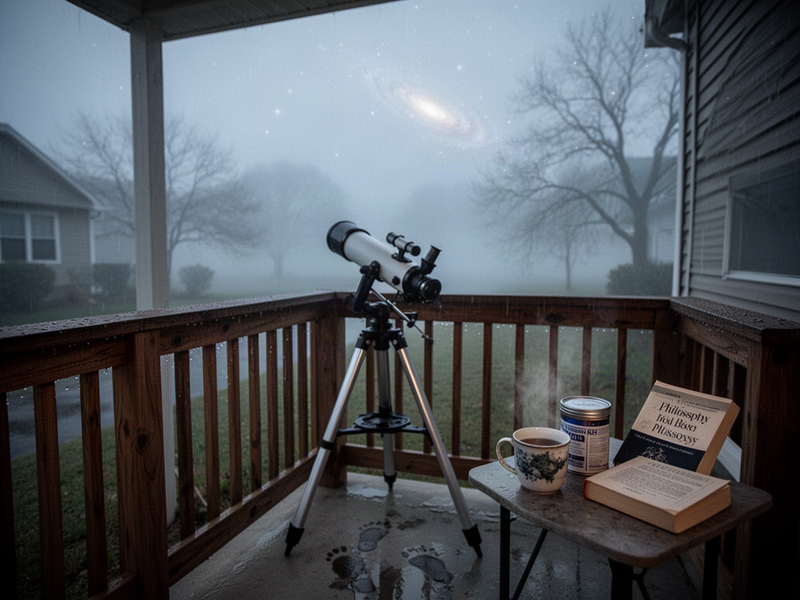 A damp wooden porch at dawn with a small telescope pointed at a fading starry sky, a faint smudge of the Andromeda galaxy visible above the trees, and dew-beaded railing in the foreground.