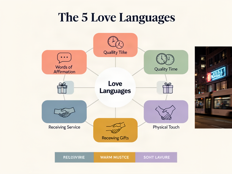 Infographic diagram showing the five love languages arranged in a circle around a central hub, each with an icon and color-coded label: Words of Affirmation, Quality Time, Receiving Gifts, Acts of Service, Physical Touch.