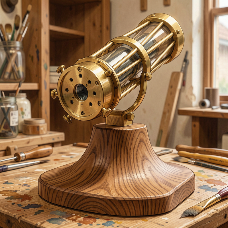 Hand-built Dobsonian telescope showing wooden base with visible hand-sanding marks, brass fittings, and craftsmanship details