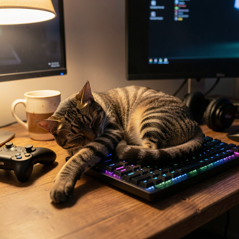 A tabby cat curled up asleep on a mechanical gaming keyboard at a cozy desk, warm lamplight, controller and mug nearby.